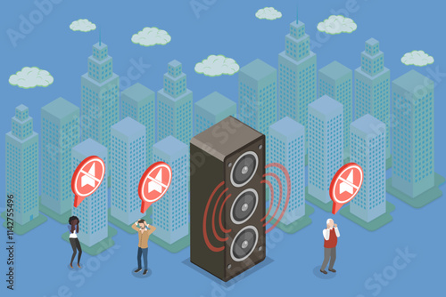 3D Isometric Flat Vector Illustration of Urban Sound Pollution, Impact On People Well-Being