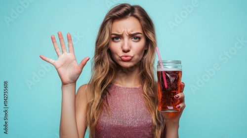 A woman holding a drink, showing five fingers with a playful expression. photo