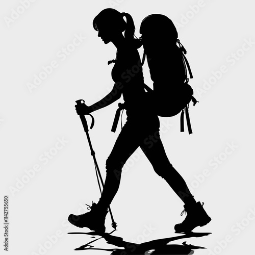 Determined Female Hiker with Backpack and Trekking Poles in Silhouette Against Light Background
