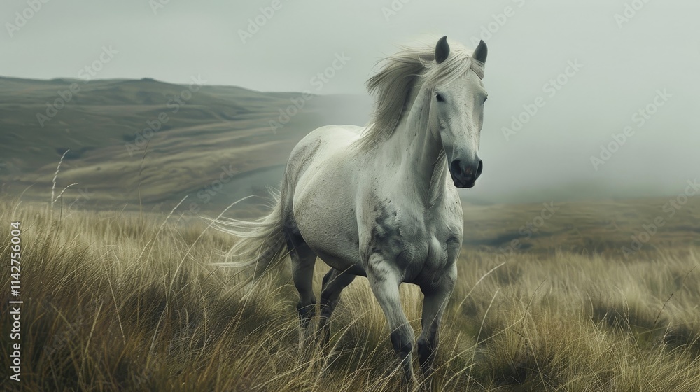 Obraz premium White horse grazing in a green meadow with rolling hills in the background, capturing a peaceful rural landscape in the early morning light