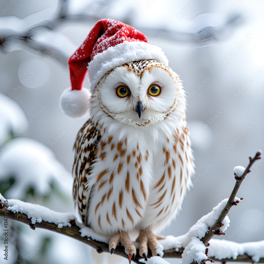 A charming owl in a santa hat surrounded by snowy bliss, photorealistic of fantasy concept. A charming owl in a santa hat surrounded by snowy bliss, photorealistic of fantasy concept.