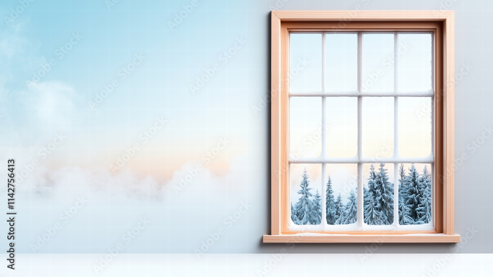 frosty windowpane reveals serene winter landscape with snow covered trees. soft pastel sky adds tranquil ambiance to scene, evoking sense of calm and beauty frosty windowpane reveals serene winter landscape with snow covered trees. soft pastel sky adds tranquil ambiance to scene, evoking sense of calm and beauty