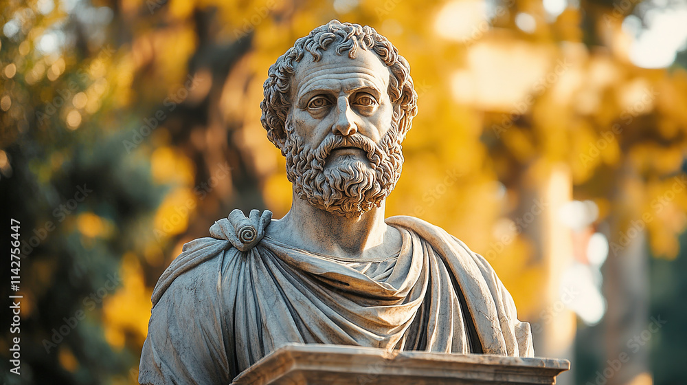 Ancient marble statue of a philosopher with a thoughtful expression in a peaceful outdoor setting during golden hour Ancient marble statue of a philosopher with a thoughtful expression in a peaceful outdoor setting during golden hour
