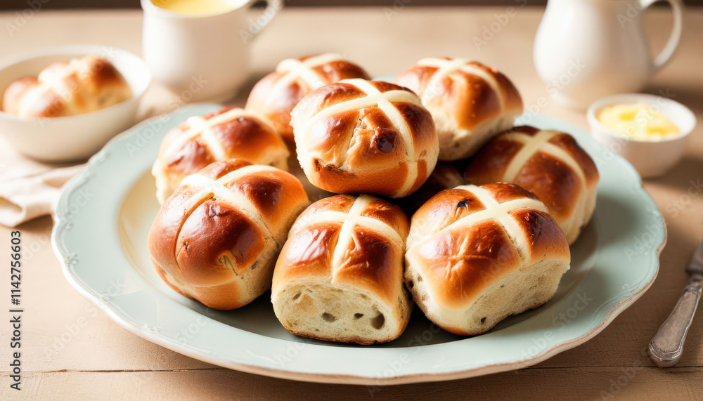A close-up of a plate of freshly baked hot cross buns spread with butter, bathed in soft light that creates a warm, inviting atmosphere, with ample space for Easter or food-related messages. A close-up of a plate of freshly baked hot cross buns spread with butter, bathed in soft light that creates a warm, inviting atmosphere, with ample space for Easter or food-related messages.