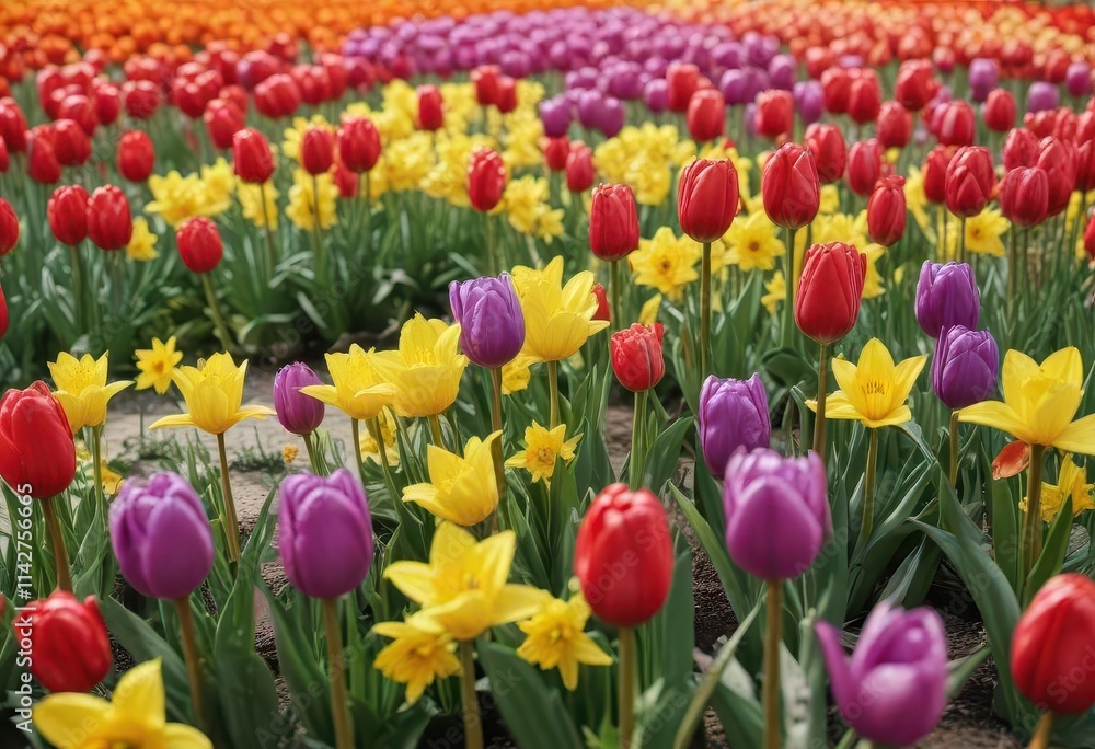 Close-up shot of colorful tulips and daffodils , fresh, bright, texture Close-up shot of colorful tulips and daffodils , fresh, bright, texture
