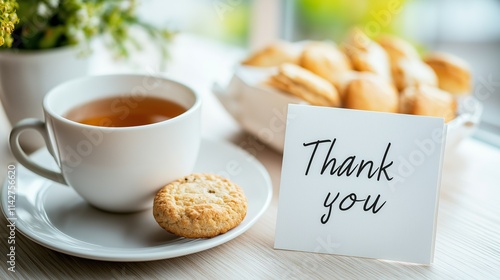 Cup of English tea with a biscuit on a saucer next to a handwritten 