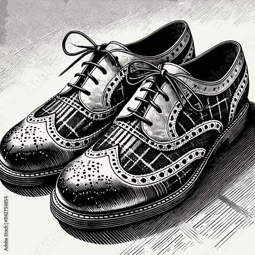 Classic British Wingtip Shoes with Plaid Pattern in Woodblock Print Style