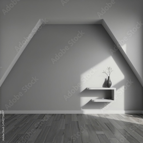 minimalist attic room, sharp angled ceiling, white walls, wooden floor, geometric skylight, strong contrast, dramatic lighting, shadows, small shelf, vase with flowers, architectural photography, 3D r photo