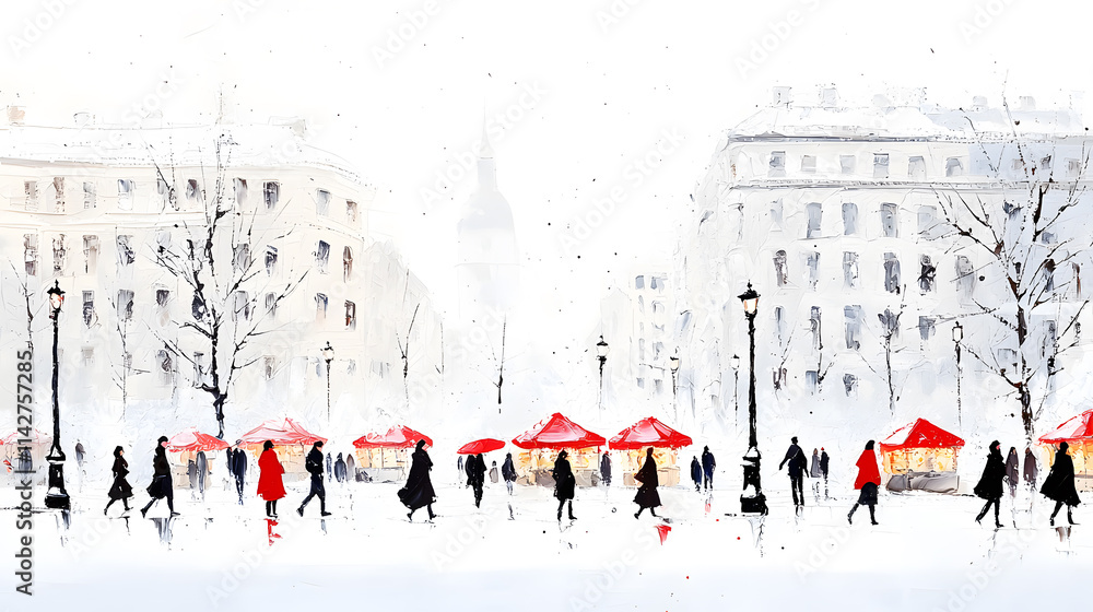 Obraz premium Painting of winter Christmas market in European city with many people walking