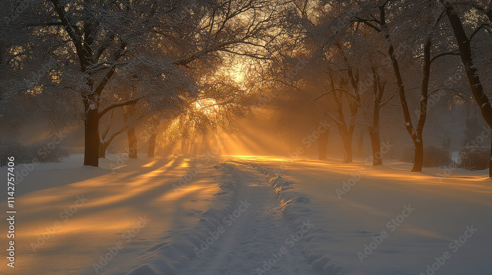 serene winter forest scene with snow covered trees and golden sunlight streaming through branches, creating magical atmosphere serene winter forest scene with snow covered trees and golden sunlight streaming through branches, creating magical atmosphere
