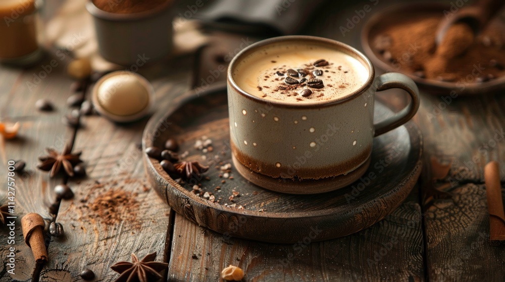 Freshly brewed coffee in a stylish mug on a wooden table Food Freshly brewed coffee in a stylish mug on a wooden table Food