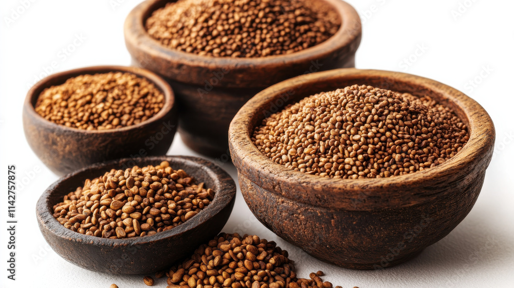 Rich brown sesame seeds in wooden bowls, showcasing their natural texture and color. Perfect for culinary uses, these seeds add flavor and nutrition to various dishes Rich brown sesame seeds in wooden bowls, showcasing their natural texture and color. Perfect for culinary uses, these seeds add flavor and nutrition to various dishes