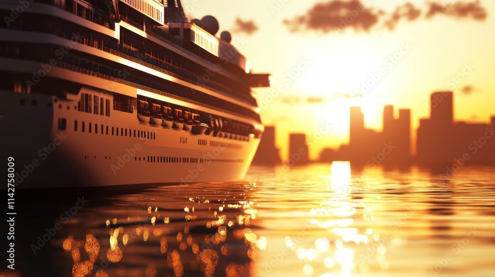 Obraz premium A captivating 3D illustration of a cruise ship during the golden hour, capturing the beauty of light and shadows 