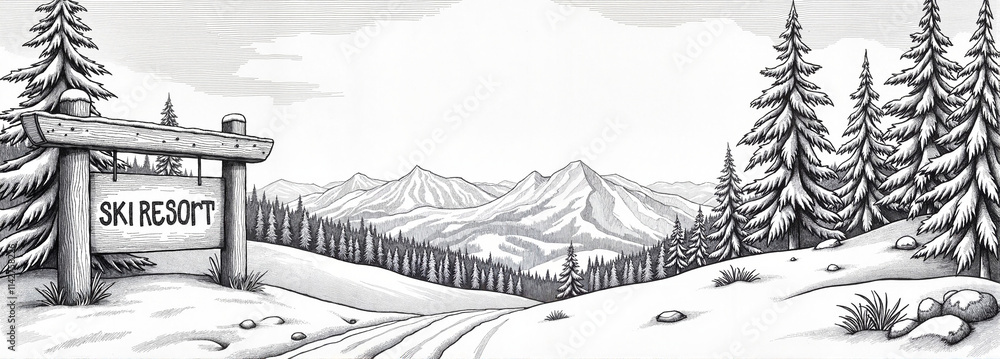 custom made wallpaper toronto digitalBlack and White Sketch of Ski Resort Sign with Snowy Forest