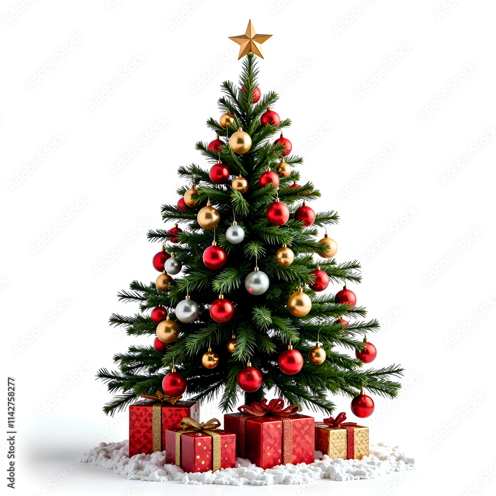 Enchanting christmas tree adorned with red and gold ornaments beneath a starry treetop, 3d render of still life concept. Enchanting christmas tree adorned with red and gold ornaments beneath a starry treetop, 3d render of still life concept.
