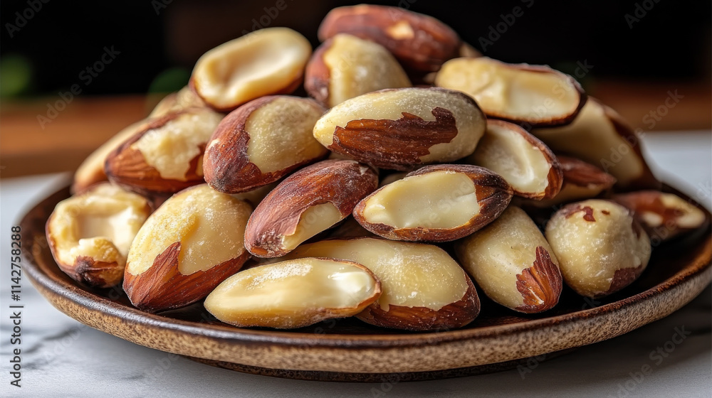 Fototapeta premium Shelled Brazil nuts piled on wooden plate, showcasing their rich texture and color. Perfect for healthy snacking or culinary use, these nuts add delightful crunch