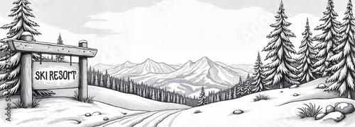Wallpaper Mural Black and White Sketch of Ski Resort Sign with Snowy Forest Torontodigital.ca