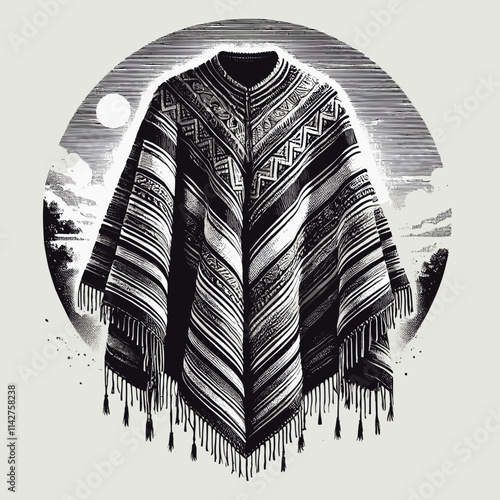 Traditional poncho design with intricate patterns in folk art style against landscape