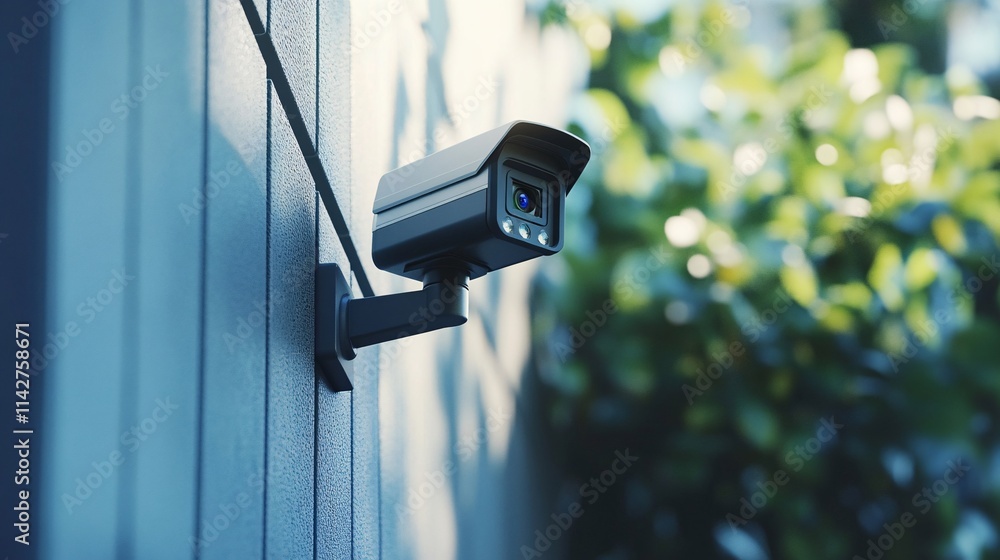 Close-up of a modern security camera mounted on a gray wall, surrounded by soft green foliage, conveying a sense of safety. Close-up of a modern security camera mounted on a gray wall, surrounded by soft green foliage, conveying a sense of safety.
