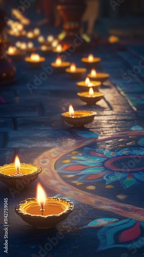 A Diwali celebration with glowing diyas and rangoli designs on the floor. photo