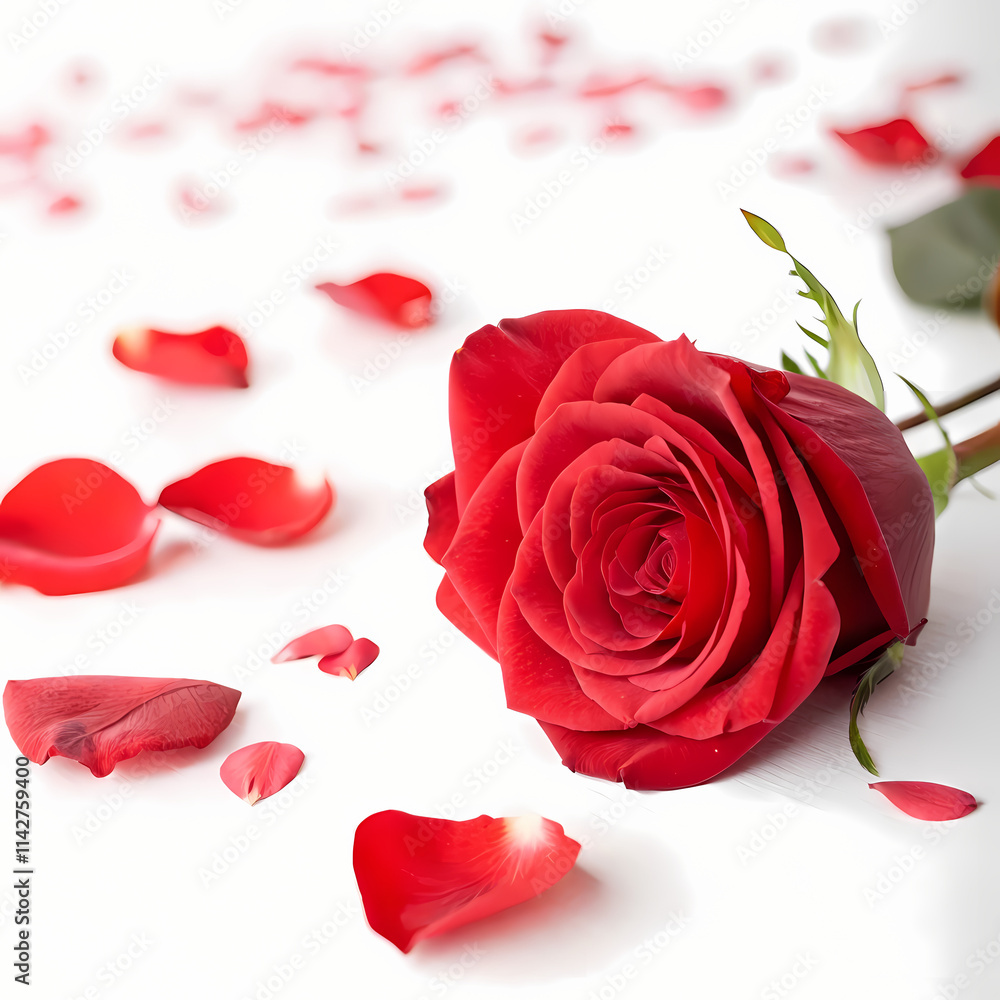 Stunning Red Rose with Scattered Petals on White Background Stunning Red Rose with Scattered Petals on White Background