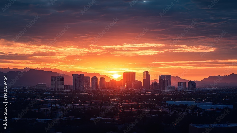 Fototapeta premium As the sun sets on the horizon, the Dallas skyline is bathed in warm orange and purple hues, contrasting beautifully with the darkening clouds. A peaceful field enhances the scene.