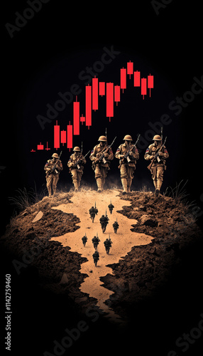 image depicts soldiers marching on rugged terrain with stock market graph overlay, symbolizing intersection of war and finance photo