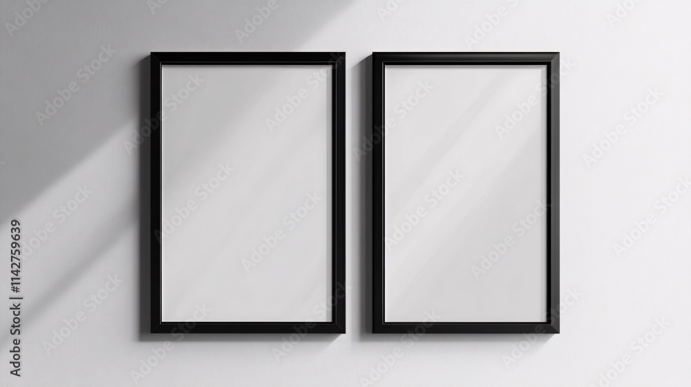 Two empty black frames on a minimalist wall showcasing shadows and light play. Two empty black frames on a minimalist wall showcasing shadows and light play.