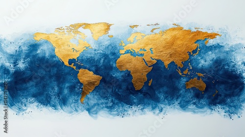 Fototapeta Naklejka Na Ścianę i Meble -  Golden world map over blue watercolor strokes representing oceans and seas