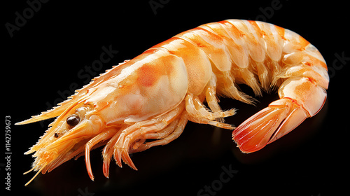 Fresh shrimp with vibrant orange color, isolated on black background, showcasing its detailed texture and features. Perfect for culinary presentations or seafood related content photo