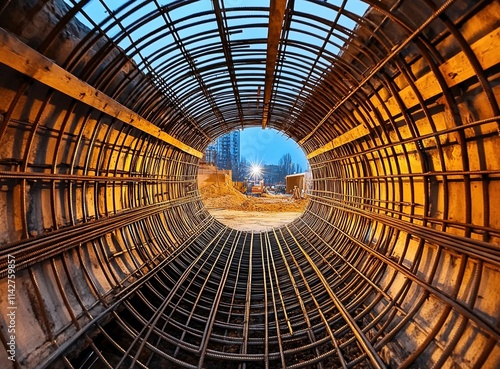 Interior view from an iron mesh tunnel revealing construction site illuminated at dusk photo