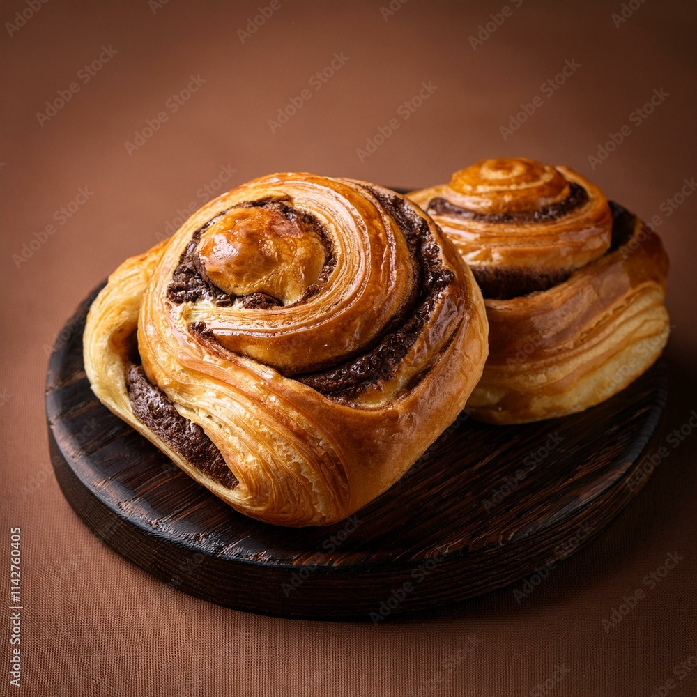 Fototapeta premium pain au chocolate isolated on a brown background, square food photography