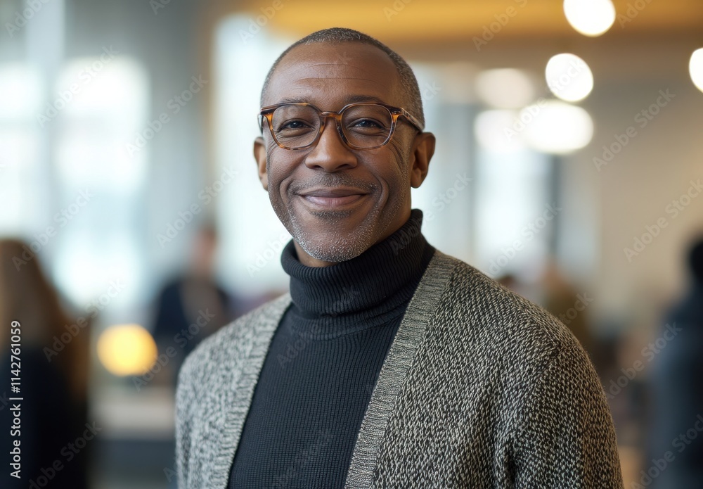 Confident African American man in modern workplace smiling warmly, wearing glasses and a stylish sweater, showcasing a positive and approachable demeanor in a professional environment Confident African American man in modern workplace smiling warmly, wearing glasses and a stylish sweater, showcasing a positive and approachable demeanor in a professional environment