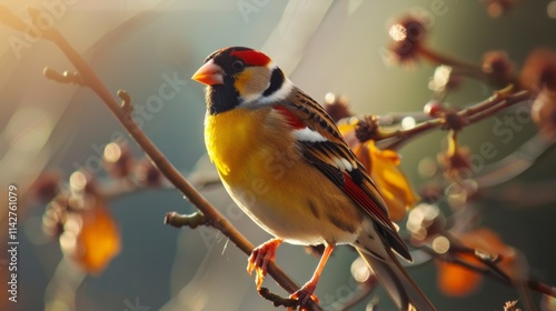 Vibrant yellow goldfinch perched on a branch in a lush green garden, close-up view of its colorful feathers in natural sunlight, showcasing the bird's bright plumage and delicate features.
 photo