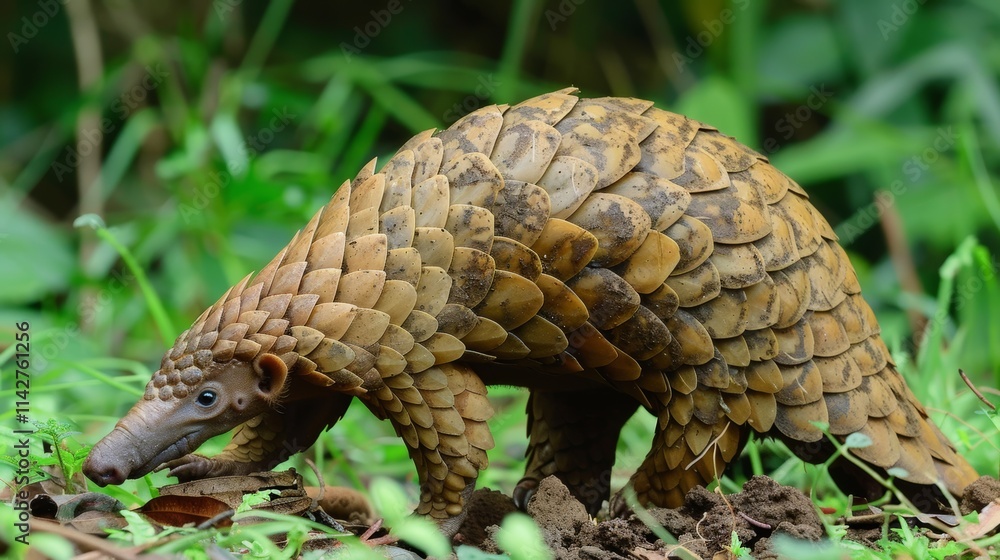 Fototapeta premium Ground Pangolin foraging for ants in the African savannah, showing distinctive armor and long claws, close-up view of this unique mammal native to sub-Saharan 