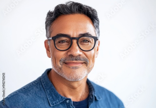 Confident and Friendly Middle-Aged Man Smiling Cheerfully with Glasses Against a Light Background, Exuding Warmth and Approachability in a Professional Setting photo