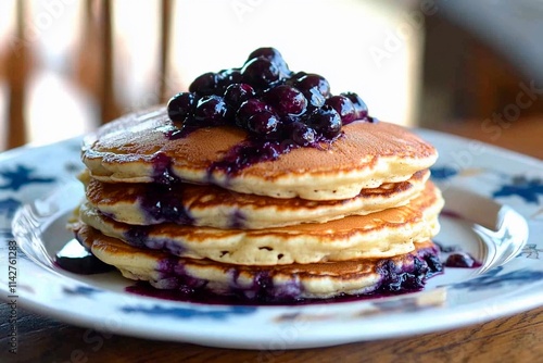 Stacked pancakes drenched in blueberry syrup on a sunny morning at a cozy kitchen photo