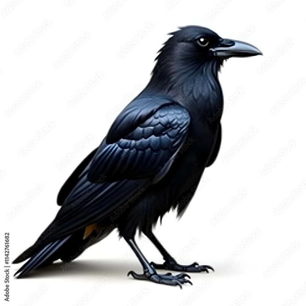 solitary crow sitting on a branch captured against a white background, perfect for wildlife, mystery-themed photography, and stock images	