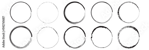 Grunge circles brush set. Black circle frames. Round line of black paint. Grunge round shapes vector illustration.