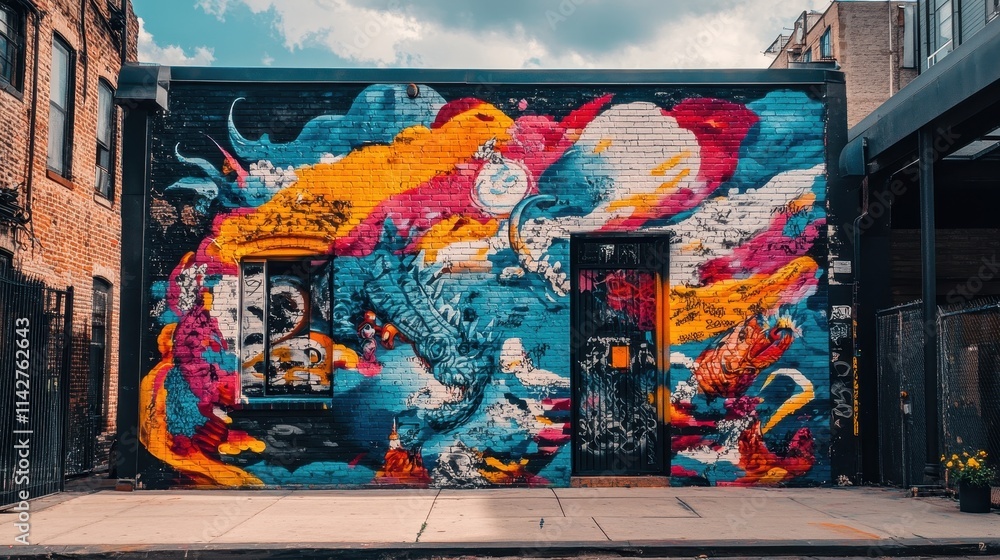 Obraz premium Colorful murals decorate brick walls in a busy urban area, reflecting artistic expression. The bright hues create a dynamic atmosphere, inviting passersby to appreciate the creativity.