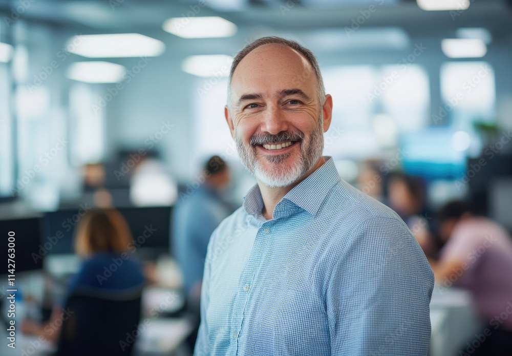 Confident Businessman with Beard Smiling in Modern Office Environment Surrounded by Colleagues at Work, Showcasing Professional Atmosphere and Team Collaboration Confident Businessman with Beard Smiling in Modern Office Environment Surrounded by Colleagues at Work, Showcasing Professional Atmosphere and Team Collaboration