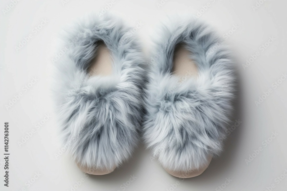 Grey Fluffy Slippers, Isolated white background, flat lay Grey Fluffy Slippers, Isolated white background, flat lay
