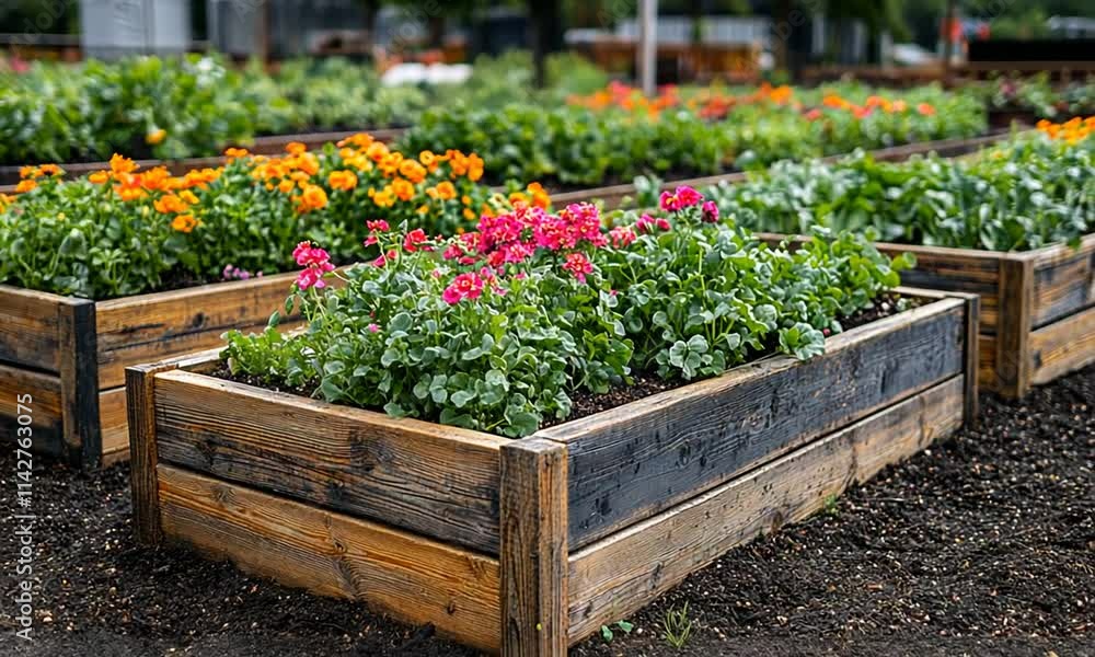 A vibrant garden with colorful flowers in wooden raised beds, showcasing nature's beauty. A vibrant garden with colorful flowers in wooden raised beds, showcasing nature's beauty.