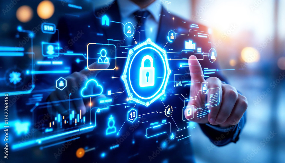 Man in Suit Pointing at Glowing Blue Hexagonal Lock on Futuristic Interface Man in Suit Pointing at Glowing Blue Hexagonal Lock on Futuristic Interface