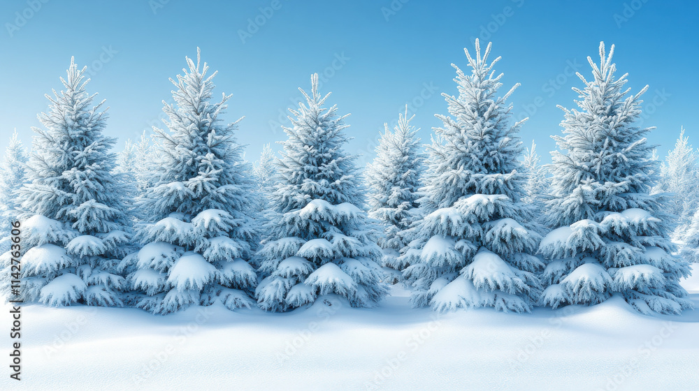 Naklejka premium Snow covered pine trees create serene winter landscape against clear blue sky, evoking sense of tranquility and beauty in nature