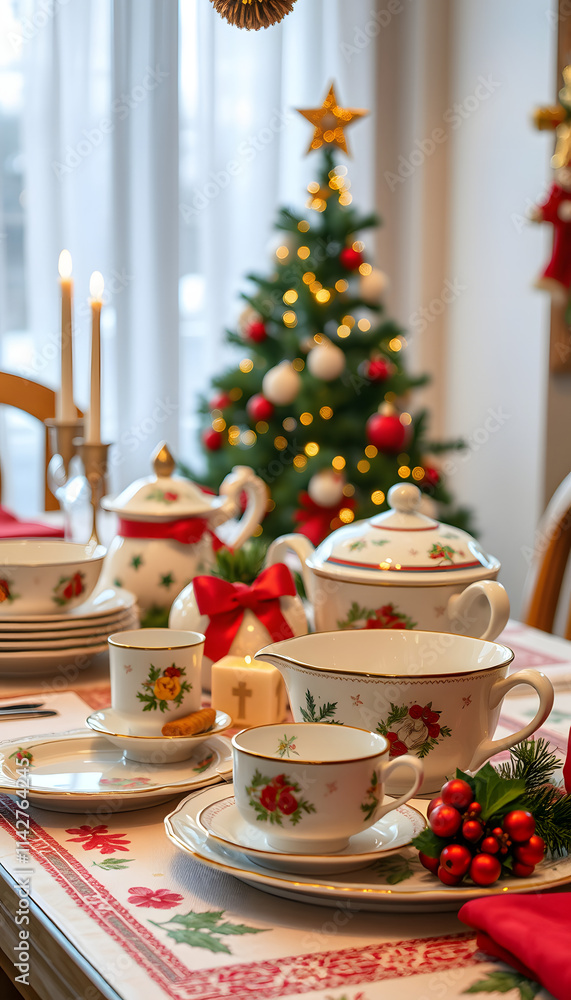 Christmas dishware on the table, detailed. isolated with white highlights Christmas dishware on the table, detailed. isolated with white highlights