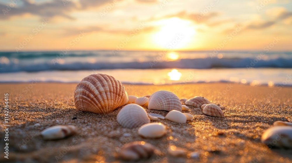 Close-up of seashells nestled in golden sand at sunrise. Close-up of seashells nestled in golden sand at sunrise.
