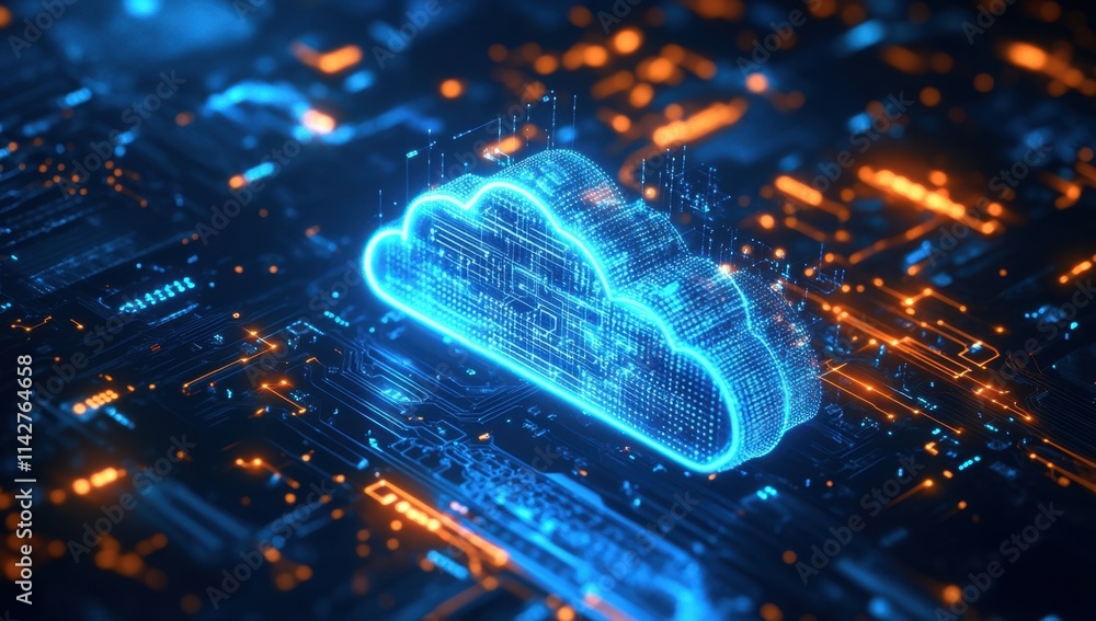 A futuristic cloud computing concept with glowing digital clouds and circuit patterns, symbolizing the advanced technology of virtual storage and processing in cloud-based systems Generative AI A futuristic cloud computing concept with glowing digital clouds and circuit patterns, symbolizing the advanced technology of virtual storage and processing in cloud-based systems Generative AI