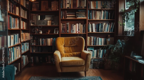 Cozy reading nook with an inviting armchair surrounded by shelves filled with books in a warm-toned space