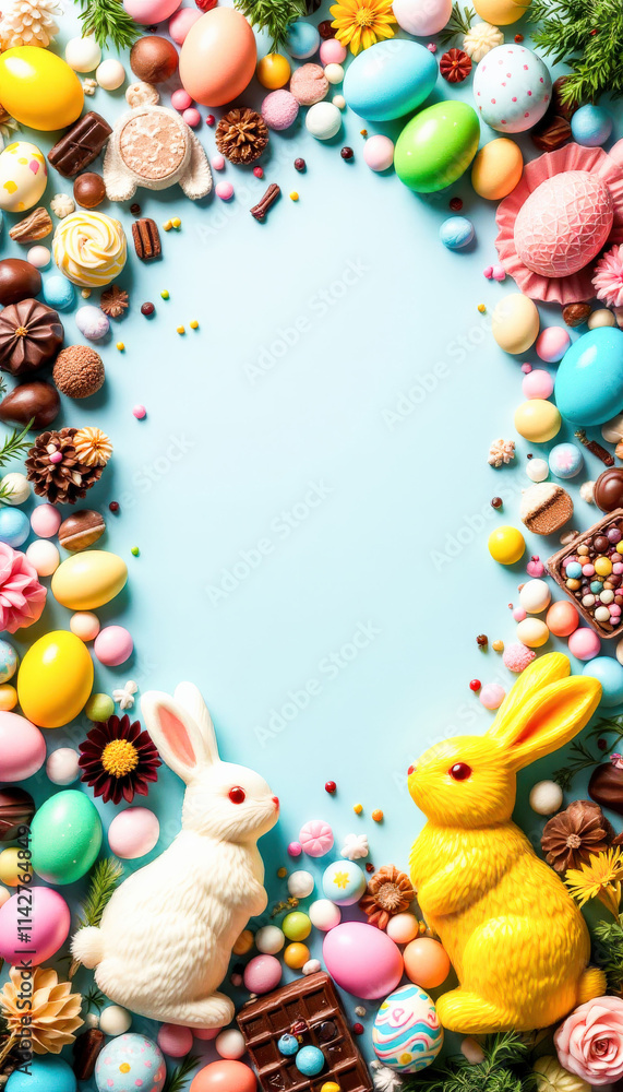 A beautifully arranged Easter table setting featuring pastel-colored eggs, fresh spring flowers, and candles, with soft lighting creating a cozy atmosphere, perfect for Easter greeting A beautifully arranged Easter table setting featuring pastel-colored eggs, fresh spring flowers, and candles, with soft lighting creating a cozy atmosphere, perfect for Easter greeting